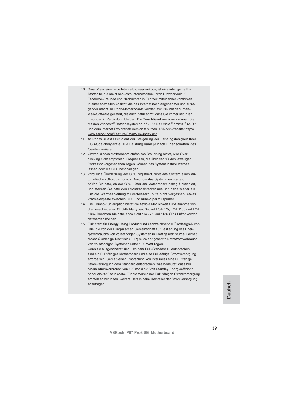Deutsch | ASRock P67 Pro3 SE User Manual | Page 39 / 277