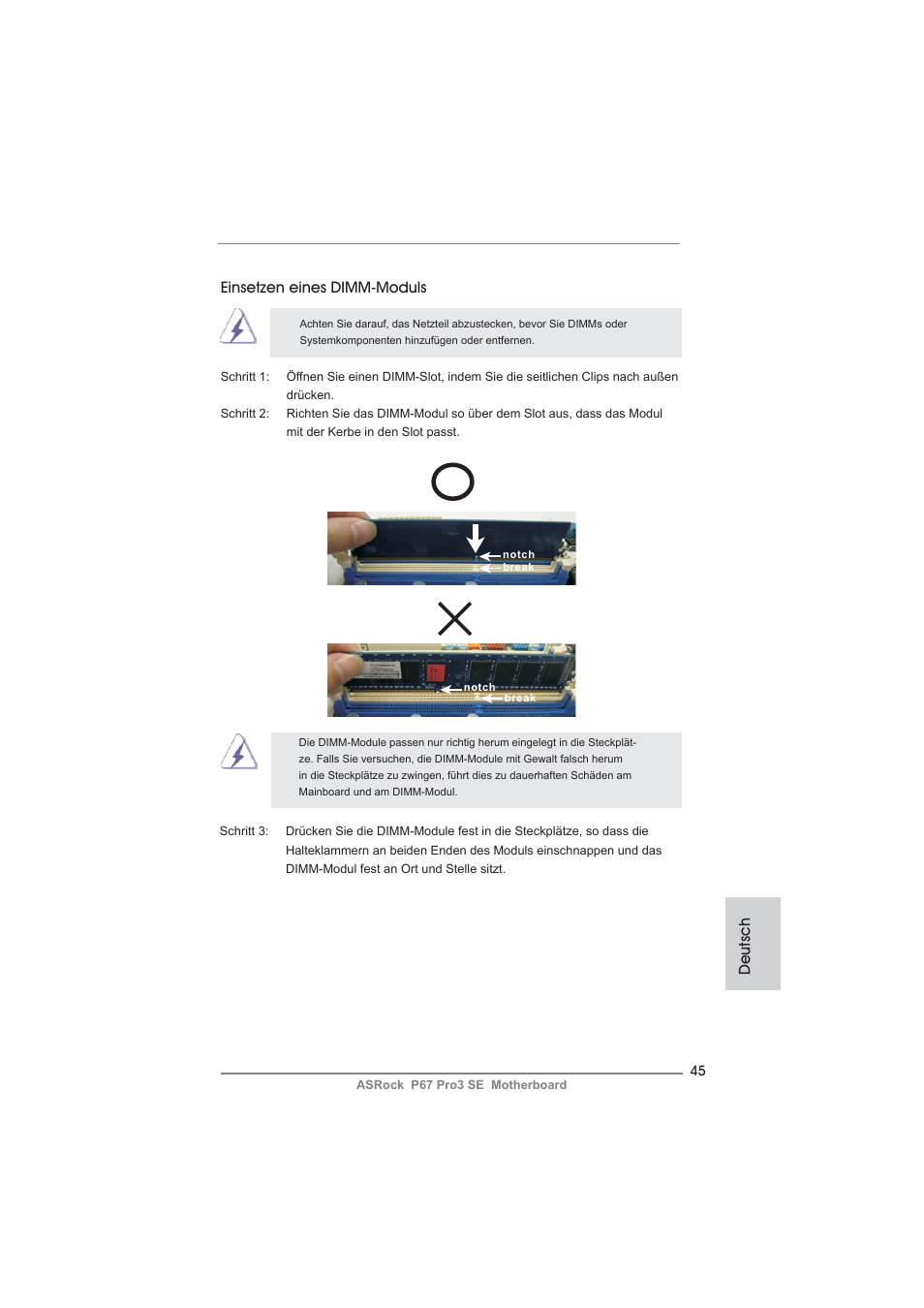 Deutsch, Einsetzen eines dimm-moduls | ASRock P67 Pro3 SE User Manual | Page 45 / 277