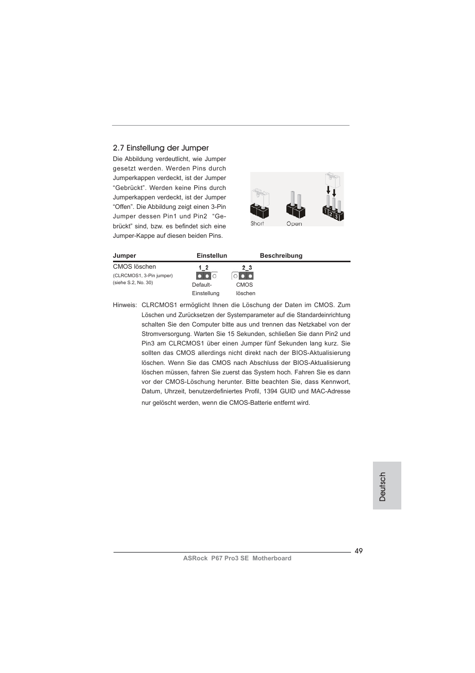 Deutsch 2.7 einstellung der jumper | ASRock P67 Pro3 SE User Manual | Page 49 / 277