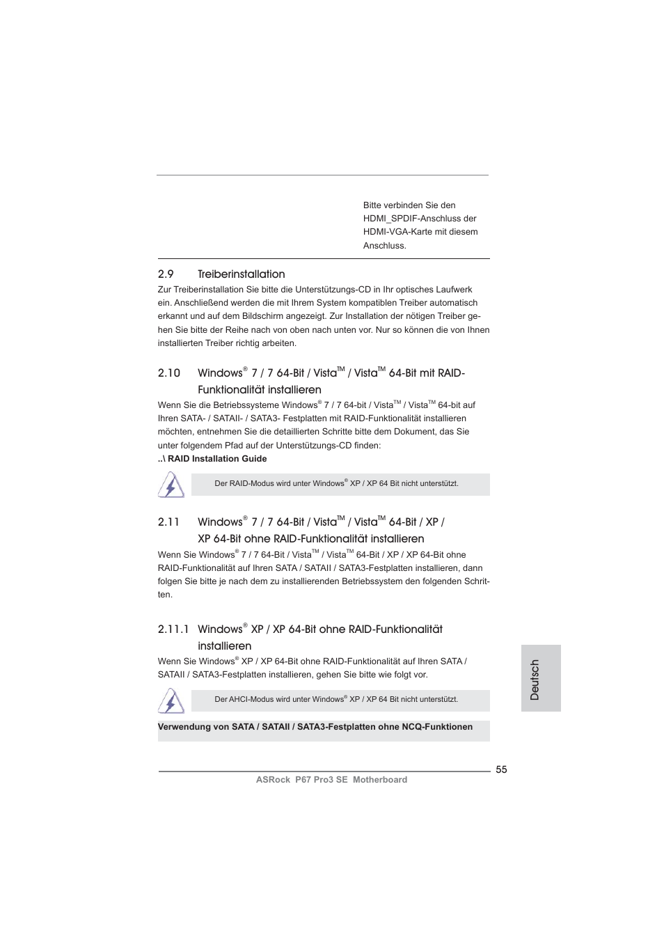 Deutsch 2.9 treiberinstallation, 11 windows, 7 / 7 64-bit / vista | Vista, 1 windows, 10 windows, Bit mit raid- funktionalität installieren | ASRock P67 Pro3 SE User Manual | Page 55 / 277