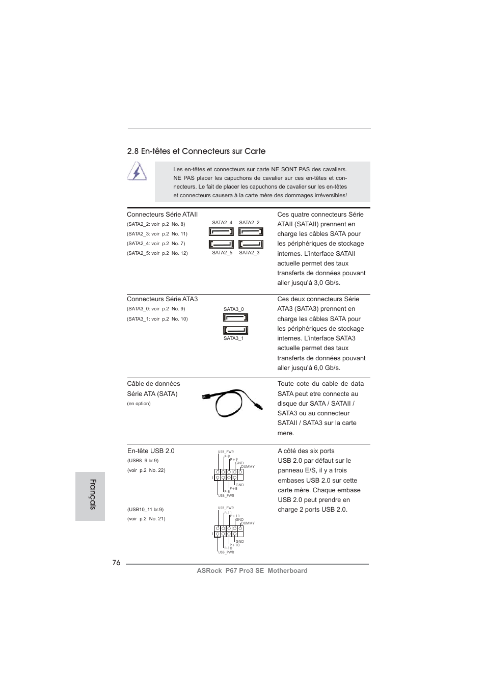 8 en-têtes et connecteurs sur carte, Français | ASRock P67 Pro3 SE User Manual | Page 76 / 277
