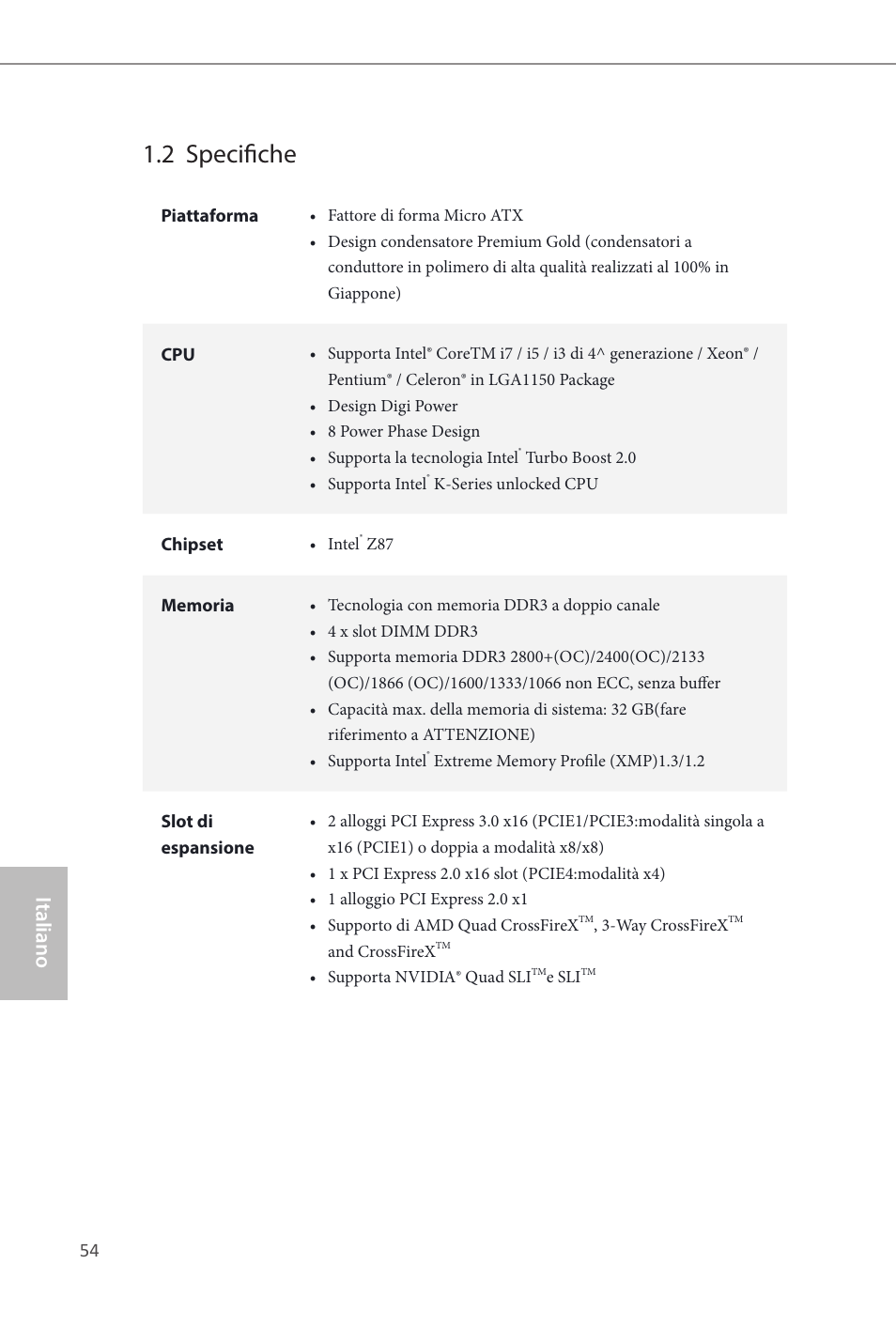 2 specifiche, Italiano | ASRock Z87M Extreme4 User Manual | Page 56 / 175
