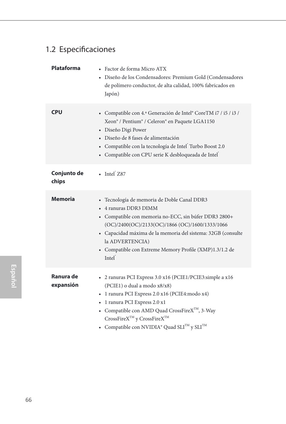 2 especificaciones, Español | ASRock Z87M Extreme4 User Manual | Page 68 / 175