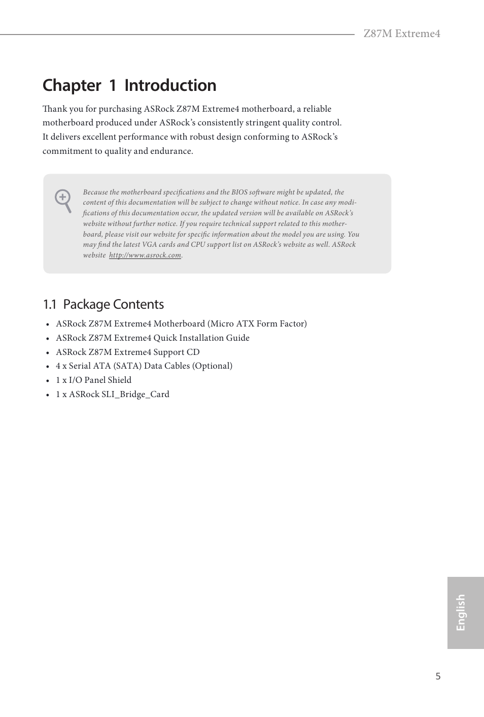 Chapter 1 introduction, 1 package contents | ASRock Z87M Extreme4 User Manual | Page 7 / 175