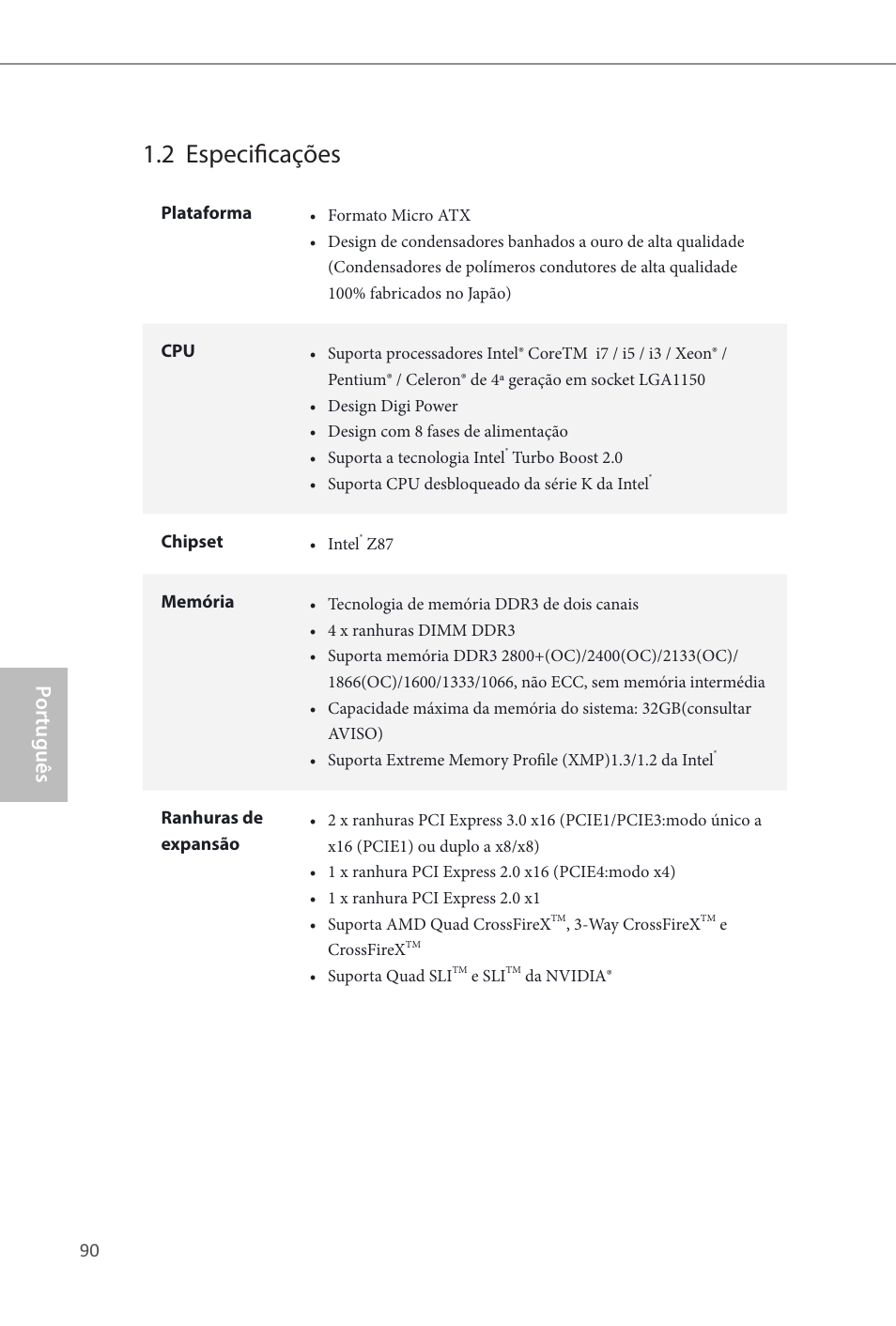 2 especificações, Por tuguês | ASRock Z87M Extreme4 User Manual | Page 92 / 175