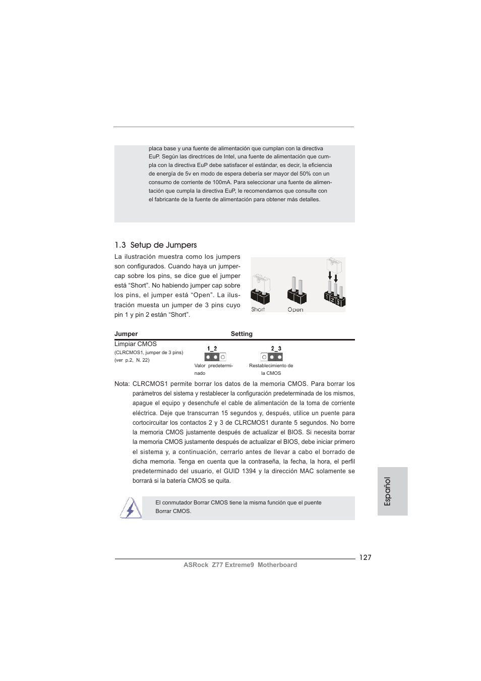 Español 1.3 setup de jumpers | ASRock Z77 Extreme9 User Manual | Page 127 / 248