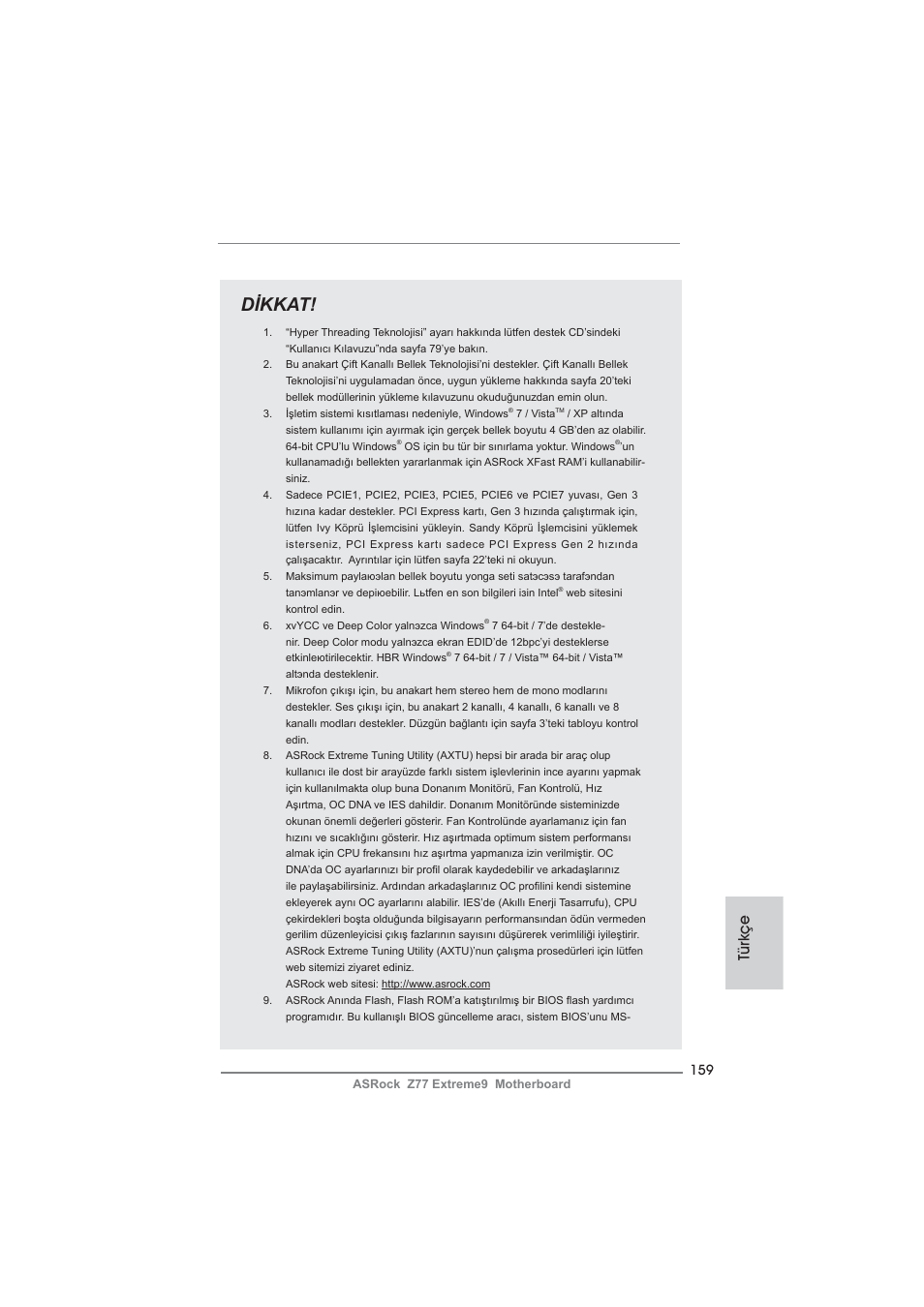 Dikkat, Türkçe | ASRock Z77 Extreme9 User Manual | Page 159 / 248