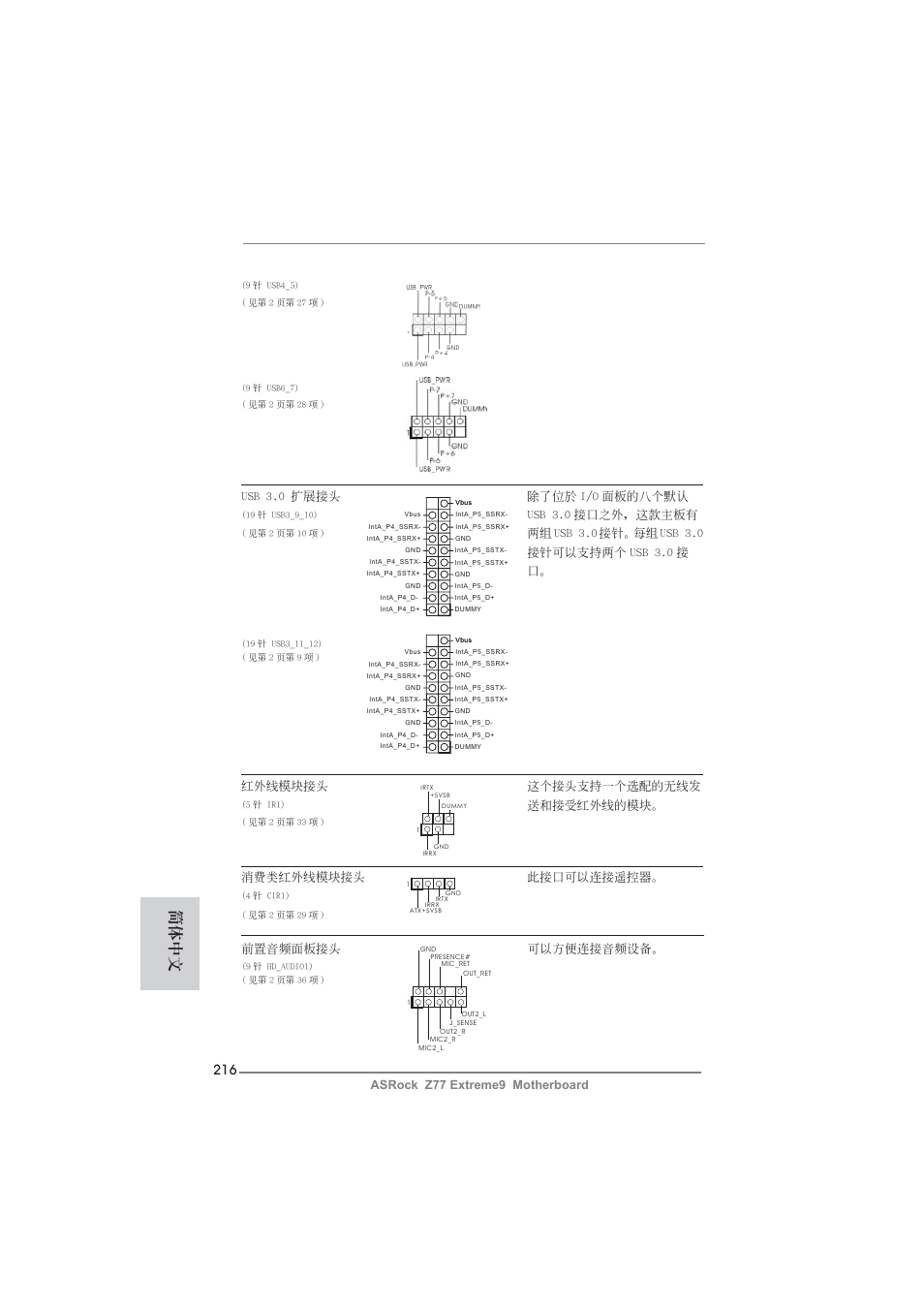 簡體中文, Asrock z77 extreme9 motherboard, Usb 3.0 擴展接頭 除了位於 i/o 面板的八個默認 | Usb 3.0 接口之外，這款主板有, 紅外線模塊接頭 這個接頭支持一個選配的無線發, 送和接受紅外線的模塊, 前置音頻面板接頭 可以方便連接音頻設備, 消費類紅外線模 塊接頭 此接口可以連接遙控器 | ASRock Z77 Extreme9 User Manual | Page 216 / 248