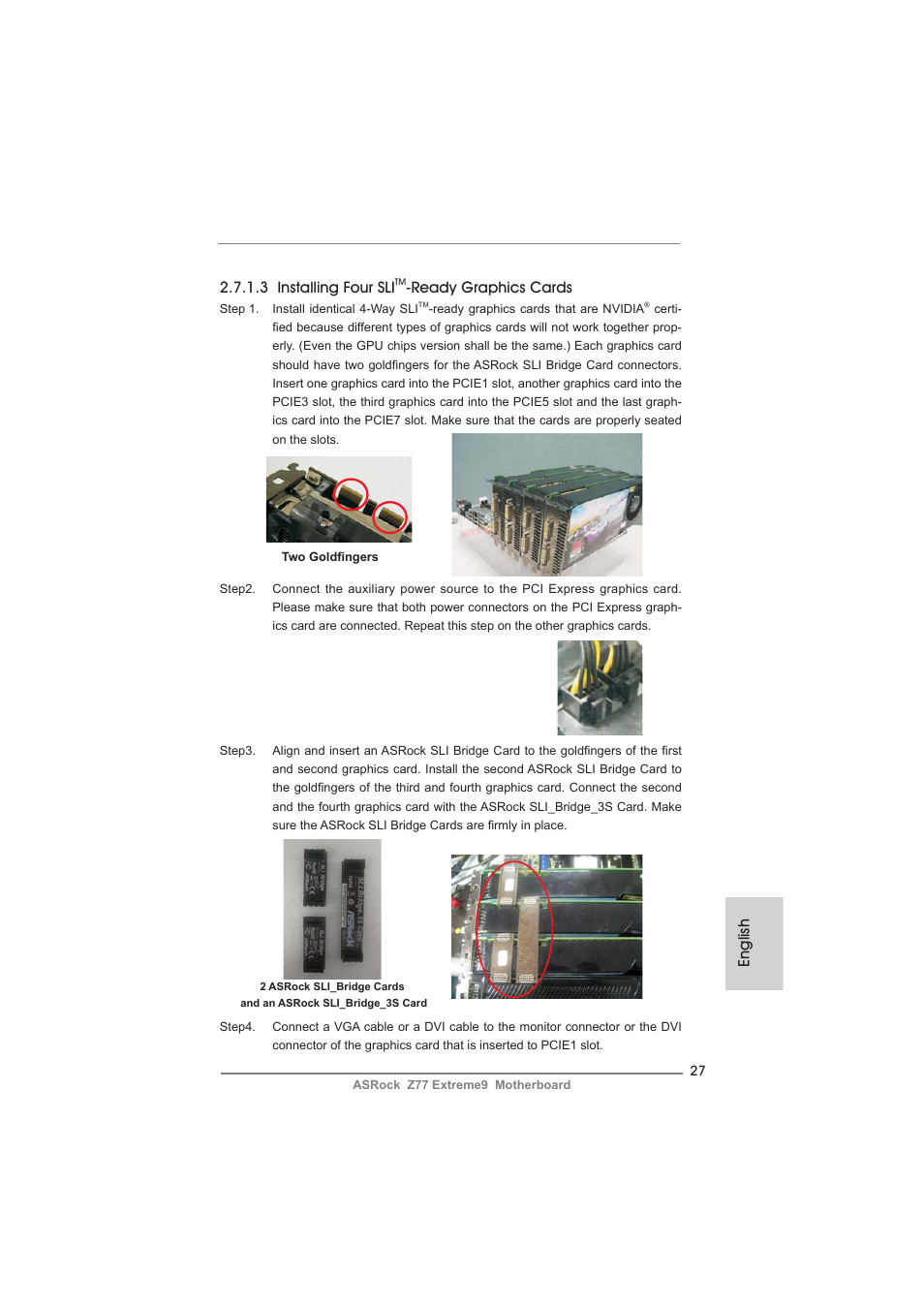 English 2.7.1.3 installing four sli, Ready graphics cards | ASRock Z77 Extreme9 User Manual | Page 27 / 248