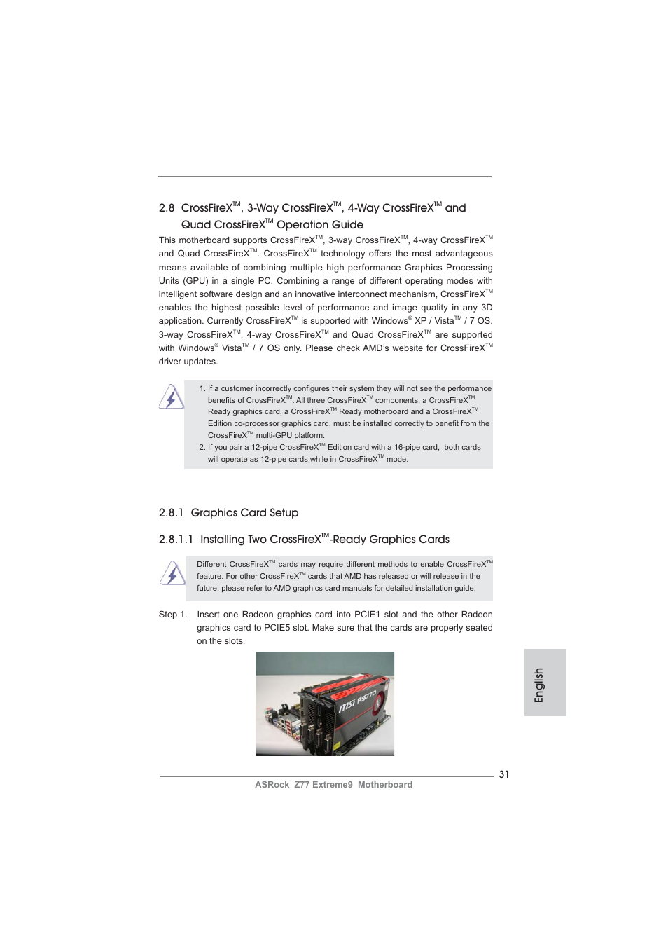 English 2.8 crossfirex, Way crossfirex, And quad crossfirex | Operation guide, Ready graphics cards | ASRock Z77 Extreme9 User Manual | Page 31 / 248