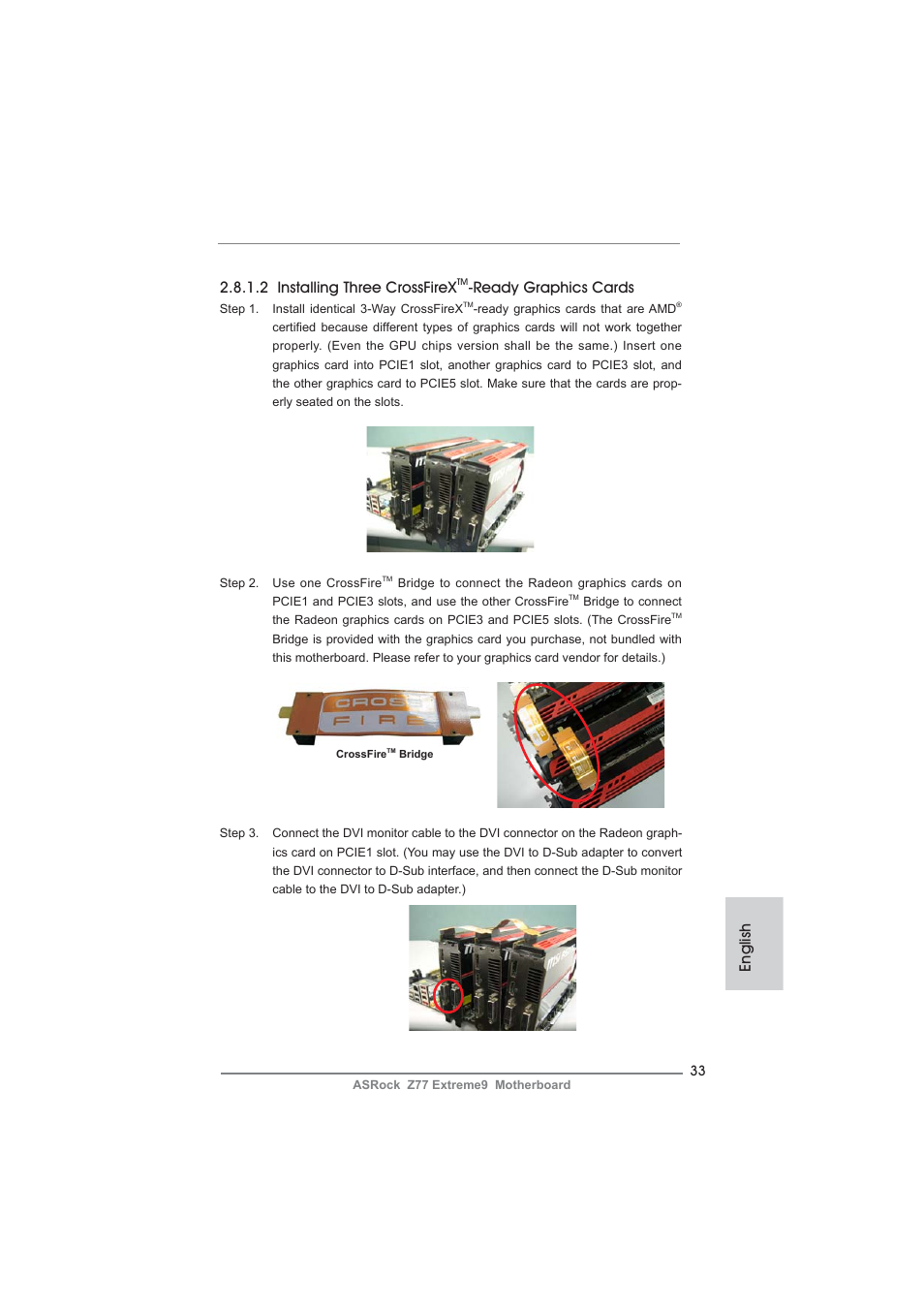 English 2.8.1.2 installing three crossfirex, Ready graphics cards | ASRock Z77 Extreme9 User Manual | Page 33 / 248
