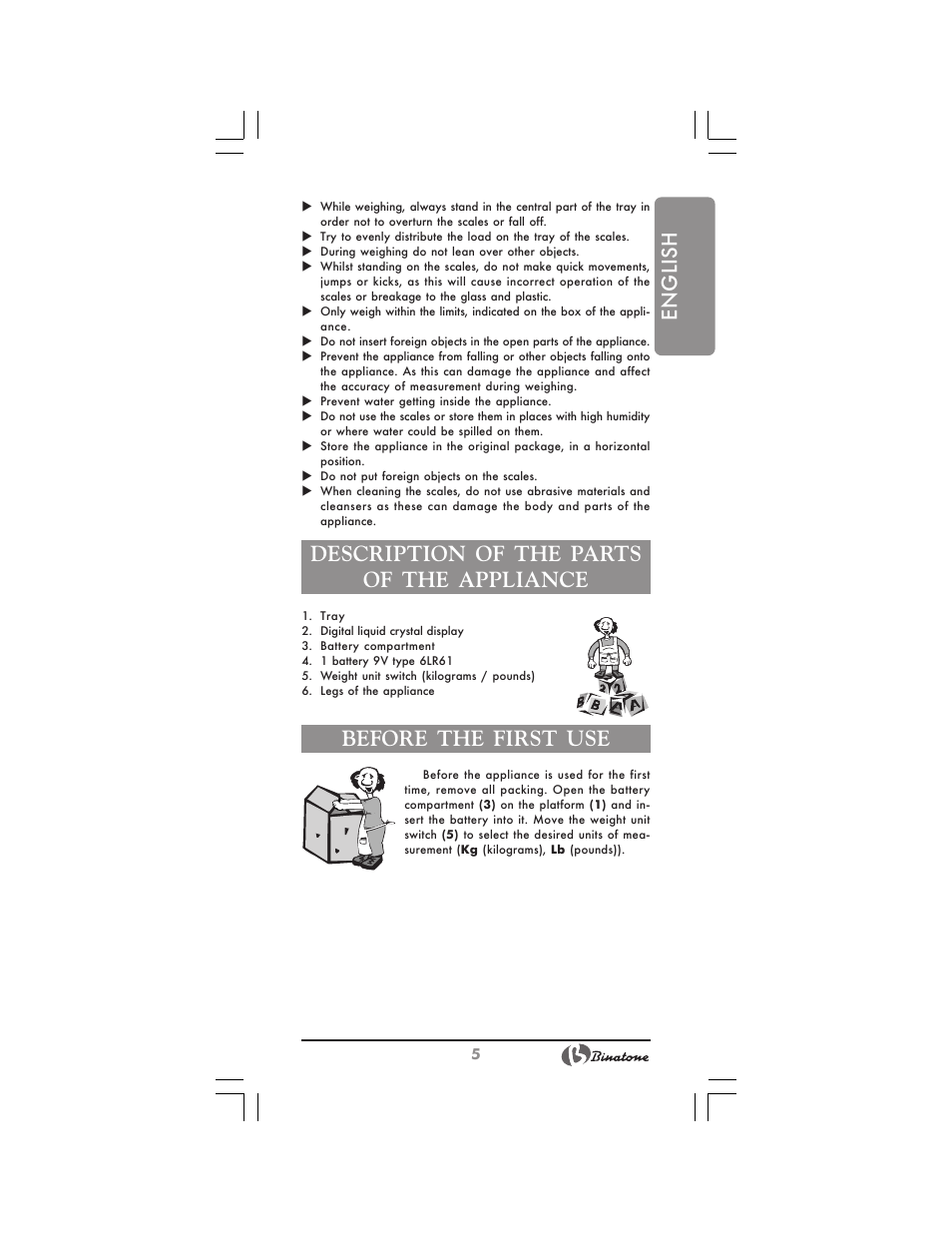 English, Description of the parts of the appliance, Before the first use | Binatone BS-8025 User Manual | Page 5 / 20