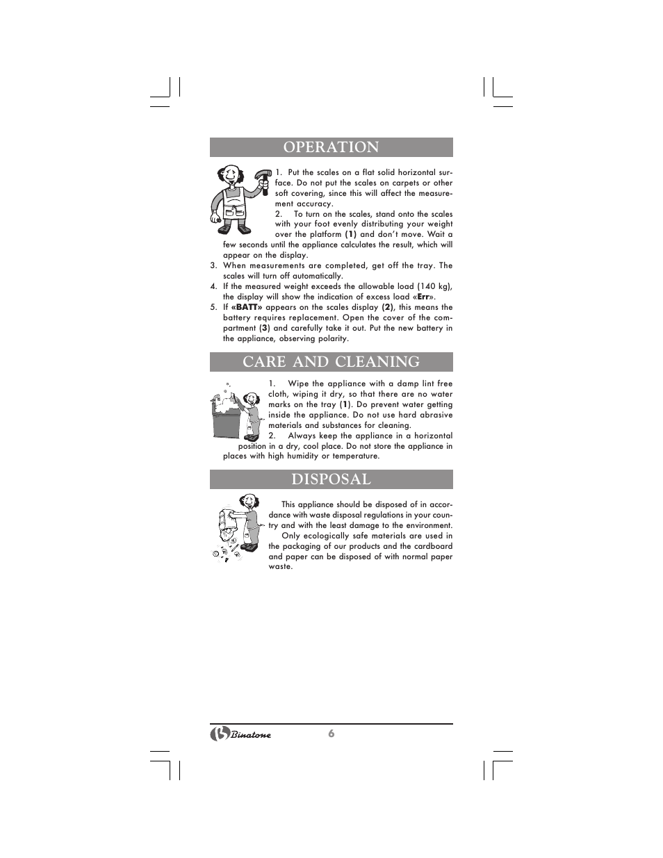 Operation, Care and cleaning, Disposal | Binatone BS-8025 User Manual | Page 6 / 20