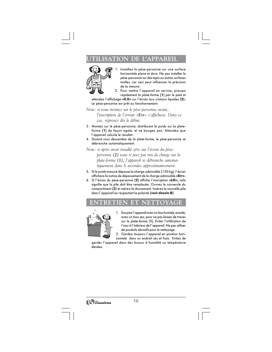 Utilisation de l’appareil, Entretien et nettoyage | Binatone BS-8020 User Manual | Page 10 / 22