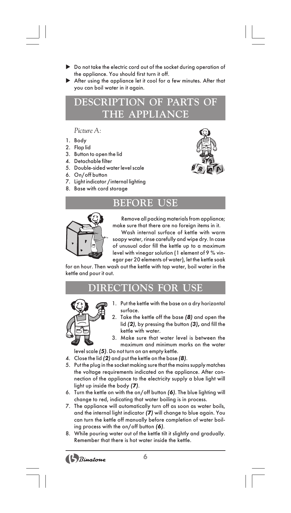 Description of parts of the appliance, Before use, Directions for use | Binatone CEJ-3500i User Manual | Page 6 / 30