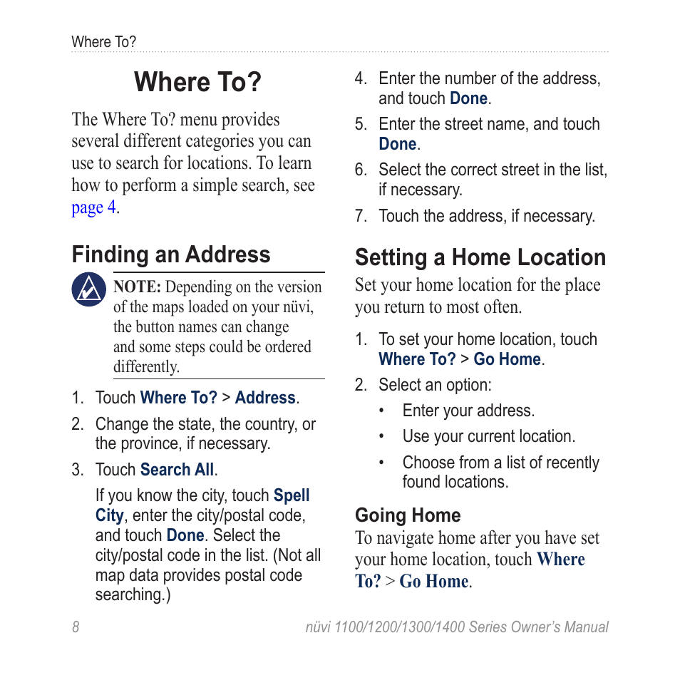 Where to, Finding an address, Setting a home location | Garmin nuvi 1300 User Manual | Page 14 / 72
