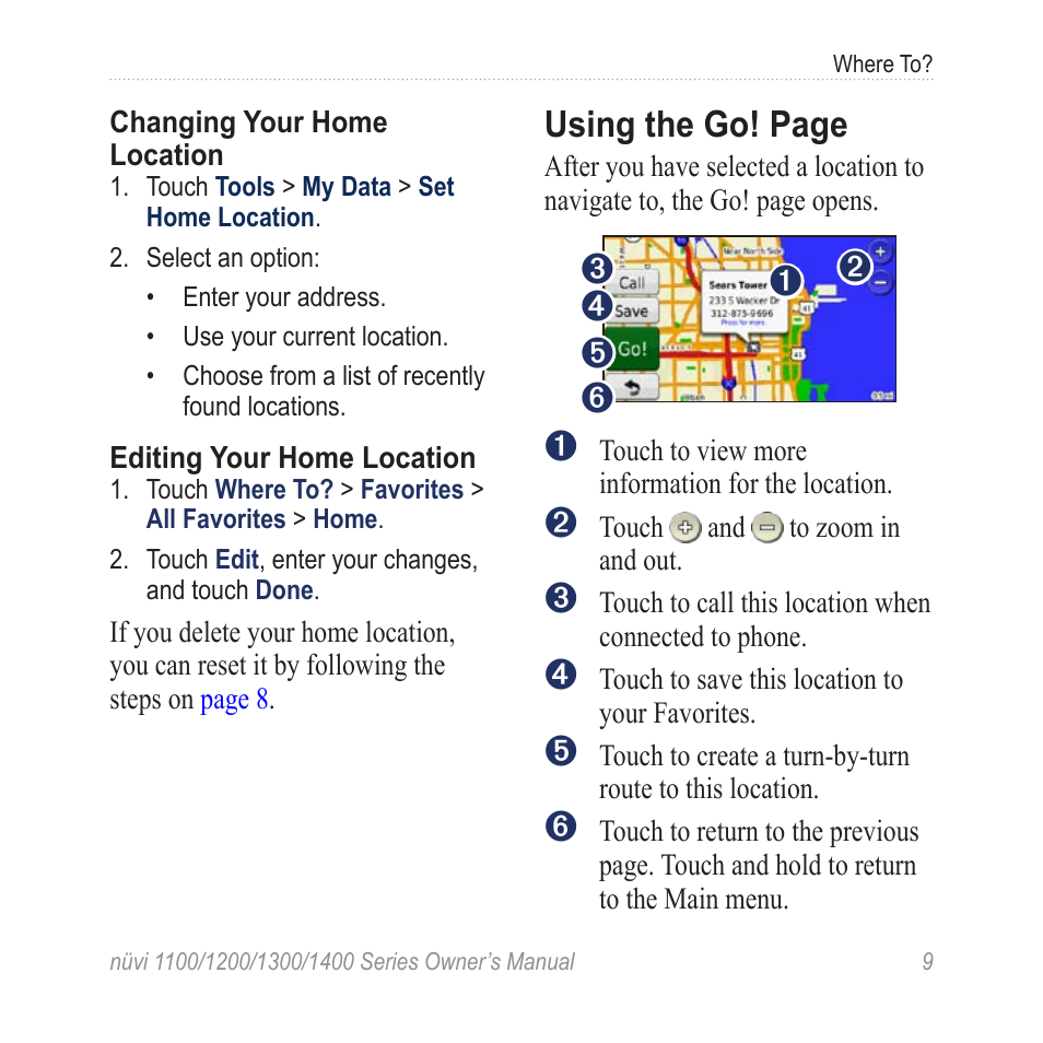Using the go! page | Garmin nuvi 1300 User Manual | Page 15 / 72