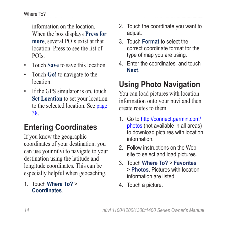 Entering coordinates, Using photo navigation | Garmin nuvi 1300 User Manual | Page 20 / 72