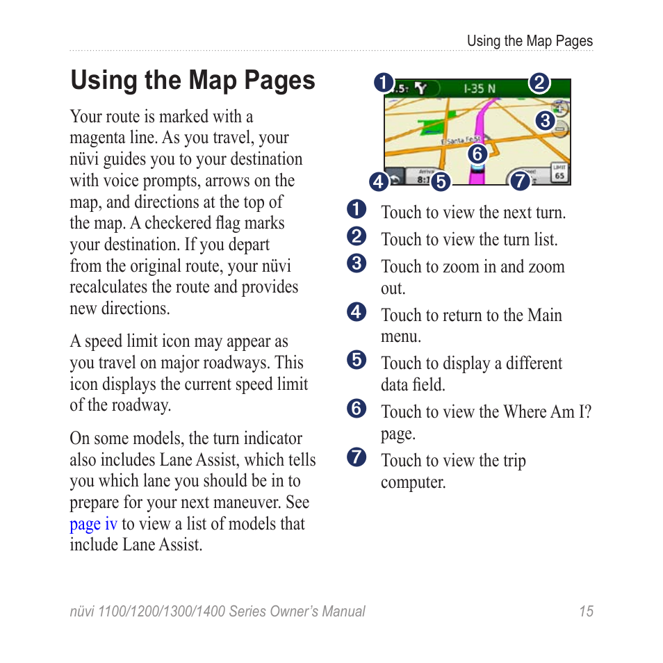 Using the map pages | Garmin nuvi 1300 User Manual | Page 21 / 72