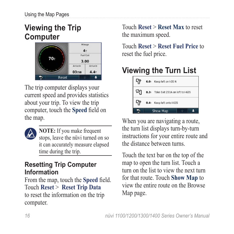 Viewing the trip computer, Viewing the turn list | Garmin nuvi 1300 User Manual | Page 22 / 72