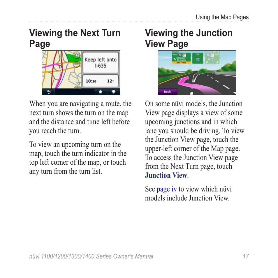 Viewing the junction view, Viewing the next turn page, Viewing the junction view page | Garmin nuvi 1300 User Manual | Page 23 / 72