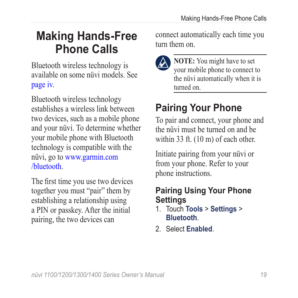 Making hands-free phone calls, Pairing your phone, Making hands-free phone | Calls | Garmin nuvi 1300 User Manual | Page 25 / 72