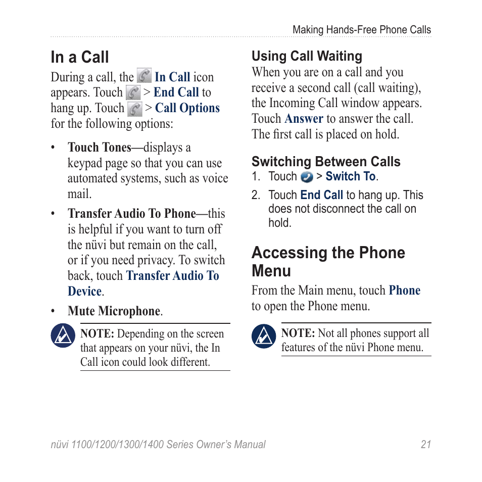 In a call, Accessing the phone menu | Garmin nuvi 1300 User Manual | Page 27 / 72