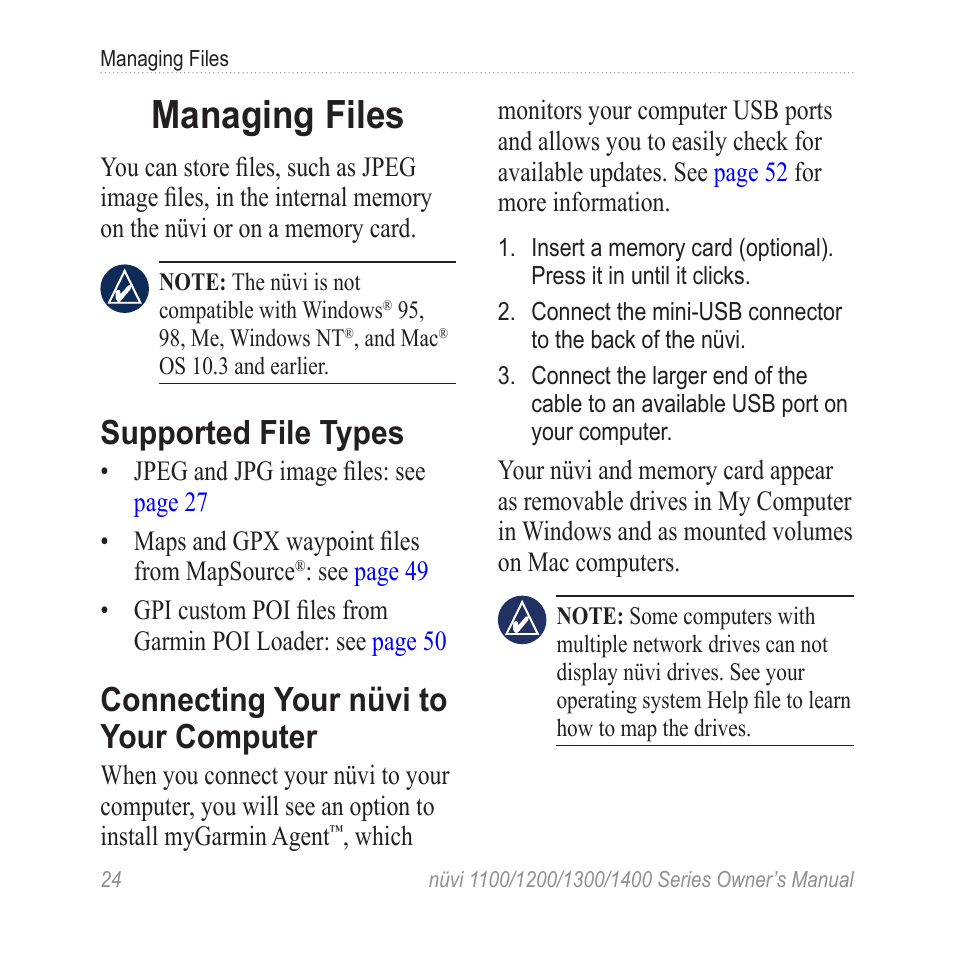 Managing files, Supported file types, Connecting your nüvi to your computer | Connecting your nüvi to your, Computer | Garmin nuvi 1300 User Manual | Page 30 / 72