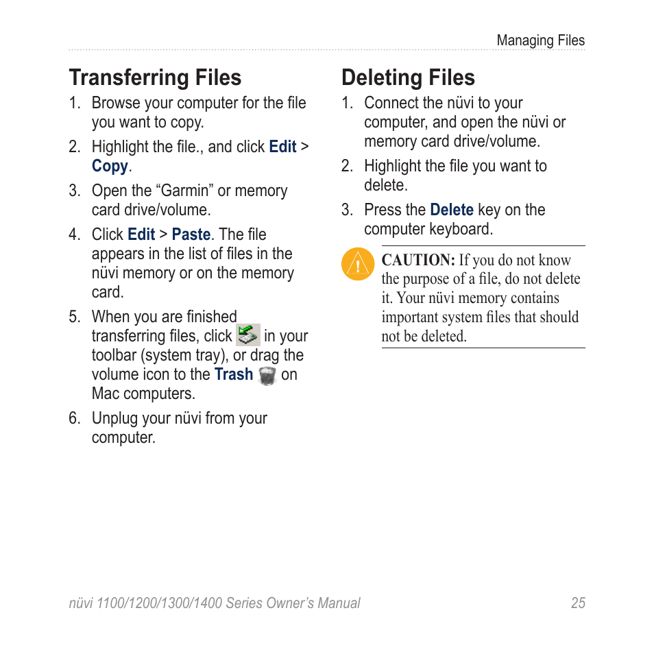 Transferring files, Deleting files | Garmin nuvi 1300 User Manual | Page 31 / 72