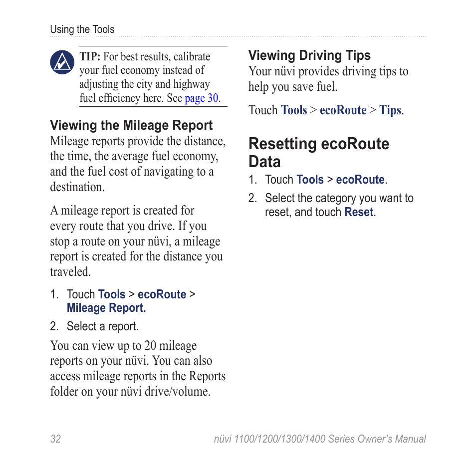 Resetting ecoroute data | Garmin nuvi 1300 User Manual | Page 38 / 72