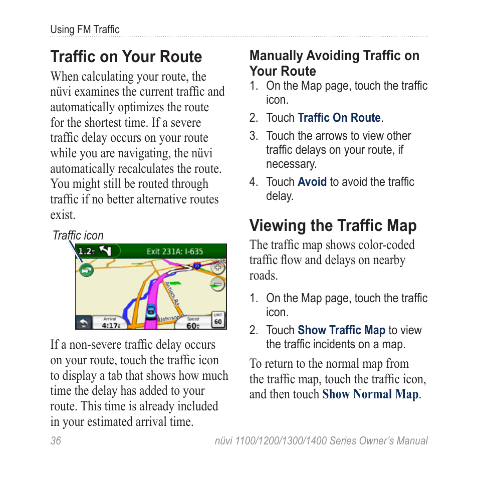 Traffic on your route, Viewing the traffic map | Garmin nuvi 1300 User Manual | Page 42 / 72