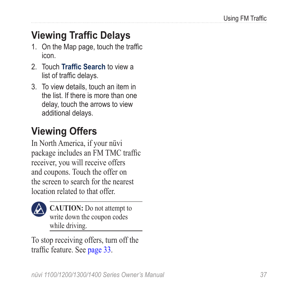 Viewing traffic delays, Viewing offers | Garmin nuvi 1300 User Manual | Page 43 / 72
