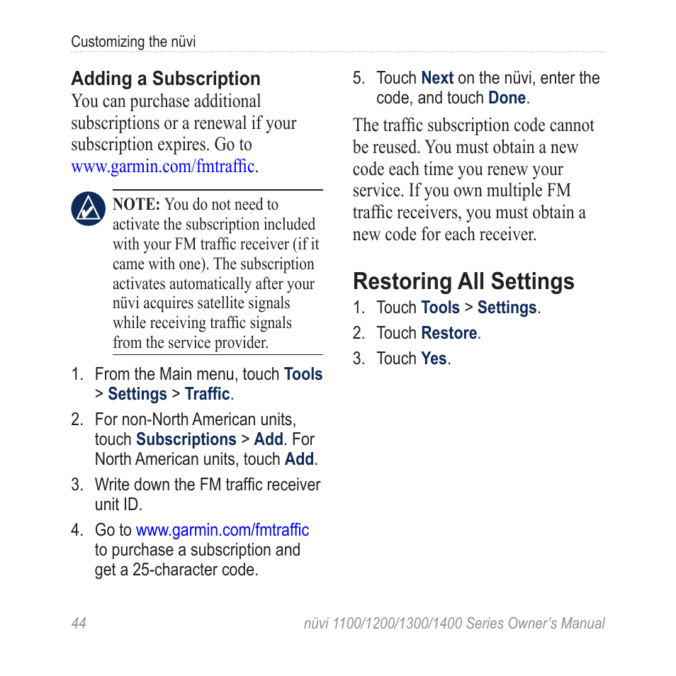 Restoring all settings | Garmin nuvi 1300 User Manual | Page 50 / 72