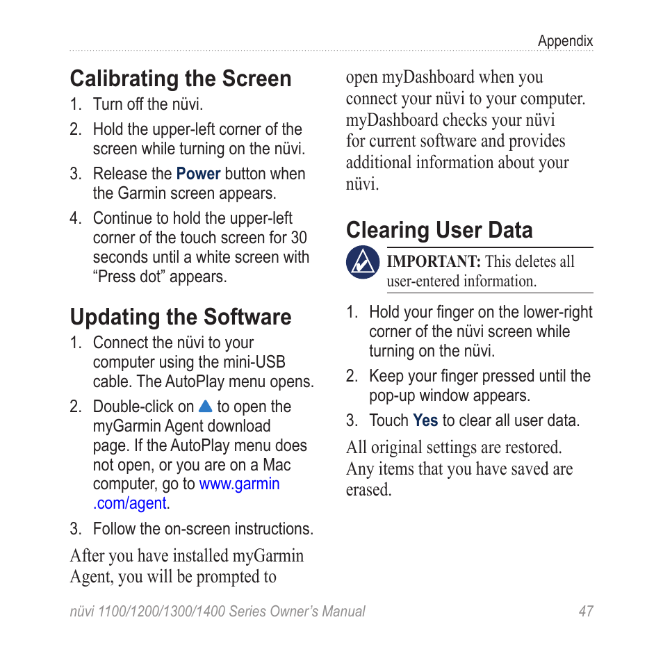 Calibrating the screen, Updating the software, Clearing user data | Garmin nuvi 1300 User Manual | Page 53 / 72