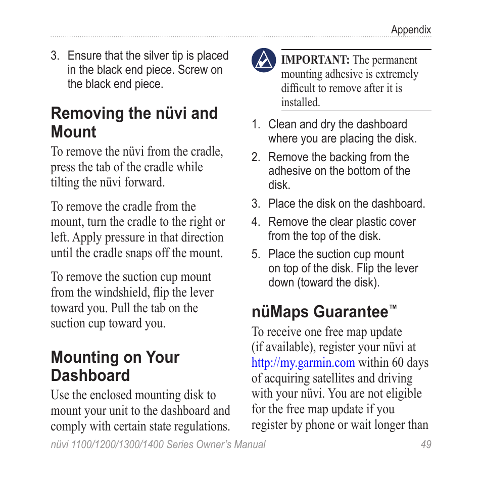 Removing the nüvi and mount, Mounting on your dashboard, Nümaps guarantee | Removing the nüvi and, Mount, Mounting on your, Dashboard | Garmin nuvi 1300 User Manual | Page 55 / 72