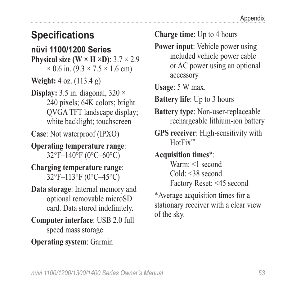 Specifications | Garmin nuvi 1300 User Manual | Page 59 / 72