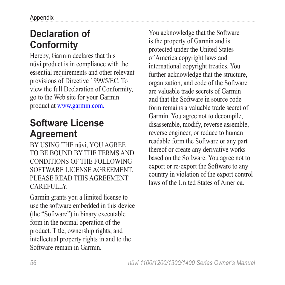 Declaration of conformity, Software license agreement | Garmin nuvi 1300 User Manual | Page 62 / 72
