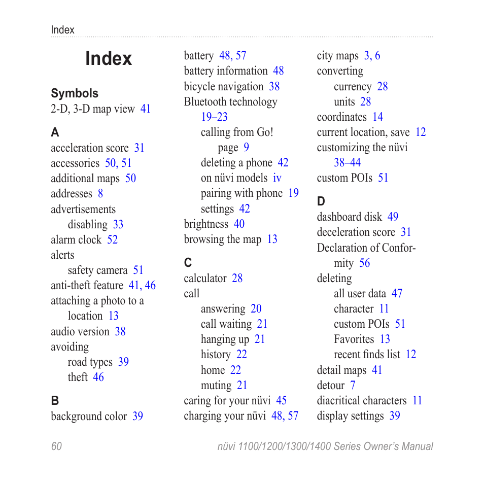 Index | Garmin nuvi 1300 User Manual | Page 66 / 72
