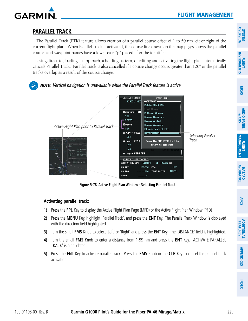 Parallel track, Flight management | Garmin G1000 Piper PA-46 Matrix User Manual | Page 243 / 600
