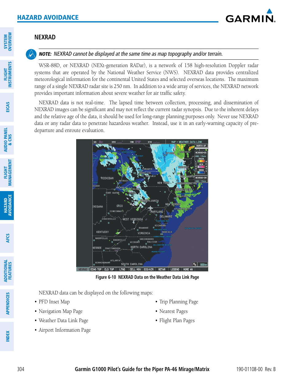 Hazard avoidance, Nexrad | Garmin G1000 Piper PA-46 Matrix User Manual | Page 318 / 600