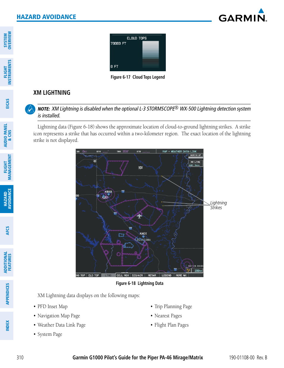 Hazard avoidance, Xm lightning | Garmin G1000 Piper PA-46 Matrix User Manual | Page 324 / 600