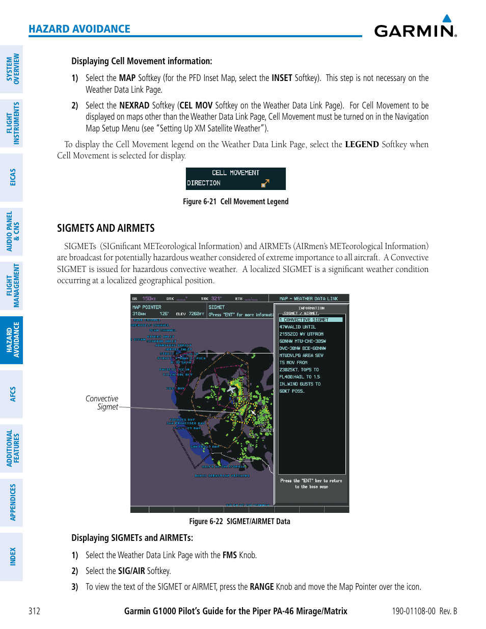 Hazard avoidance, Sigmets and airmets | Garmin G1000 Piper PA-46 Matrix User Manual | Page 326 / 600