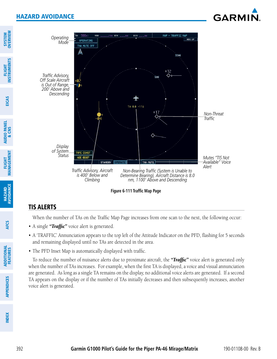 Tis alerts, Hazard avoidance | Garmin G1000 Piper PA-46 Matrix User Manual | Page 406 / 600