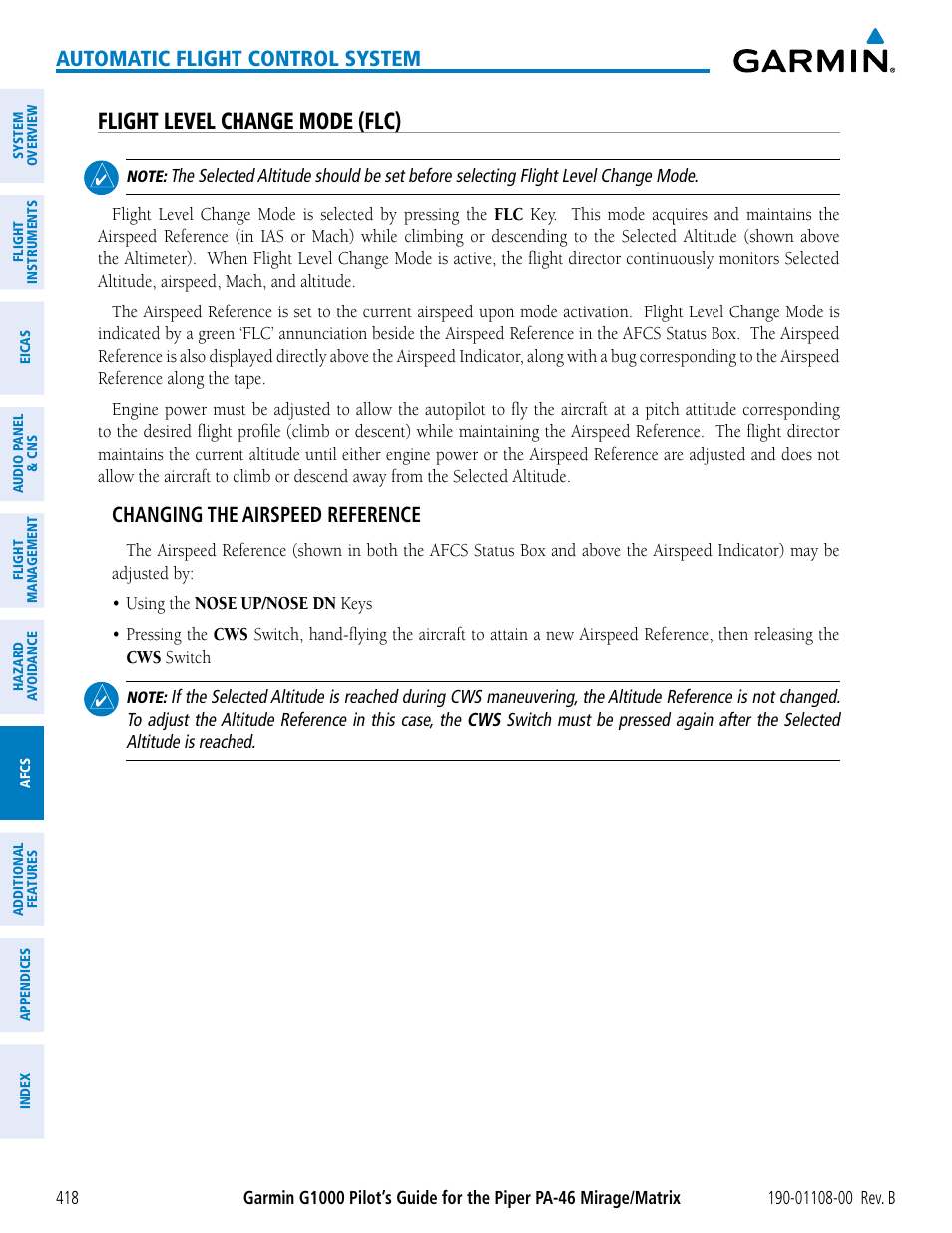 Flight level change mode (flc), Automatic flight control system, Changing the airspeed reference | Garmin G1000 Piper PA-46 Matrix User Manual | Page 432 / 600
