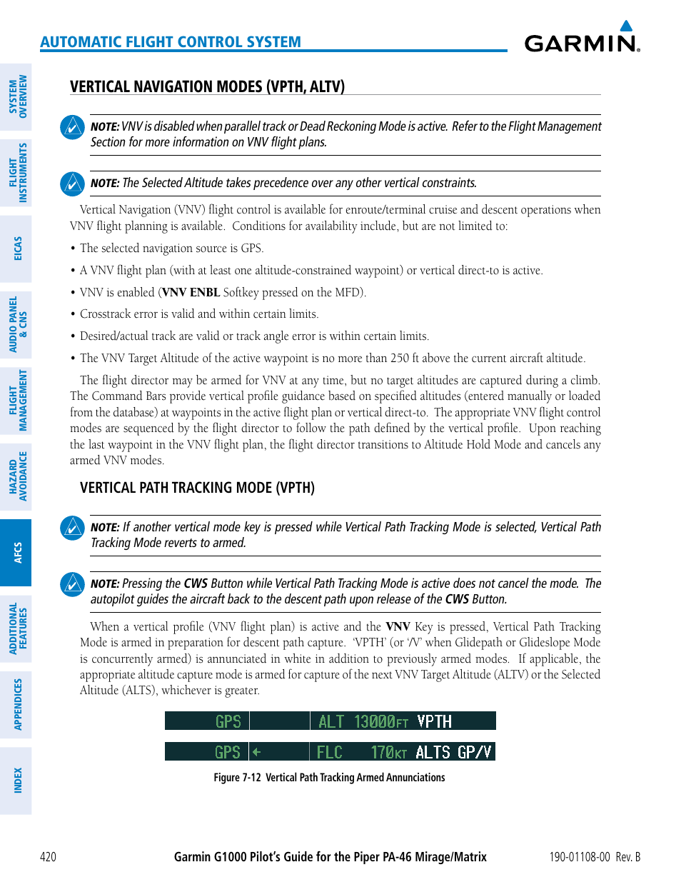 Vertical navigation modes (vpth, altv), Automatic flight control system, Vertical path tracking mode (vpth) | Garmin G1000 Piper PA-46 Matrix User Manual | Page 434 / 600