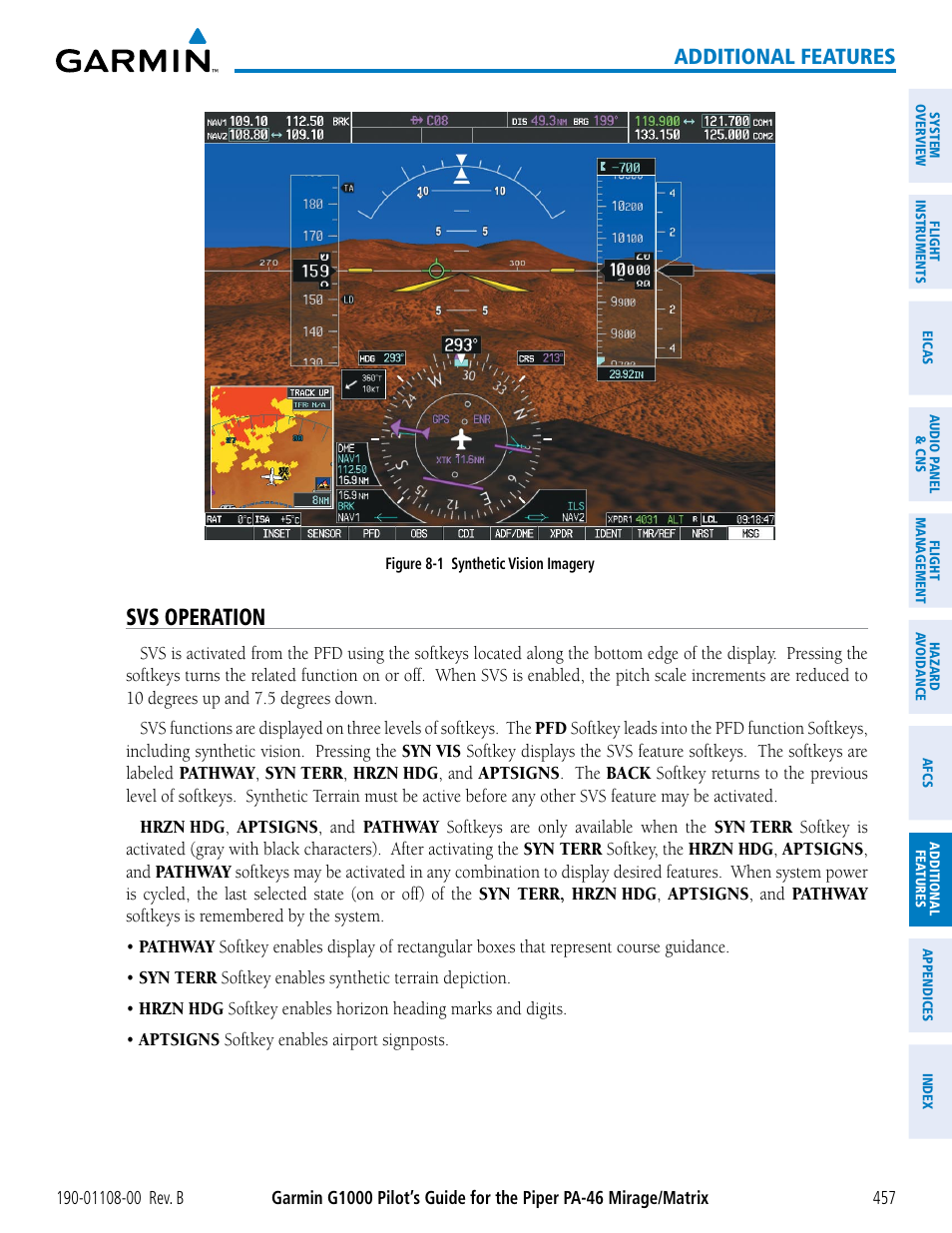 Svs operation, Additional features | Garmin G1000 Piper PA-46 Matrix User Manual | Page 471 / 600