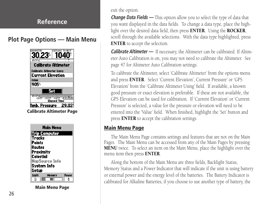 Reference, Plot page options — main menu | Garmin GPSMAP 76S User Manual | Page 28 / 76