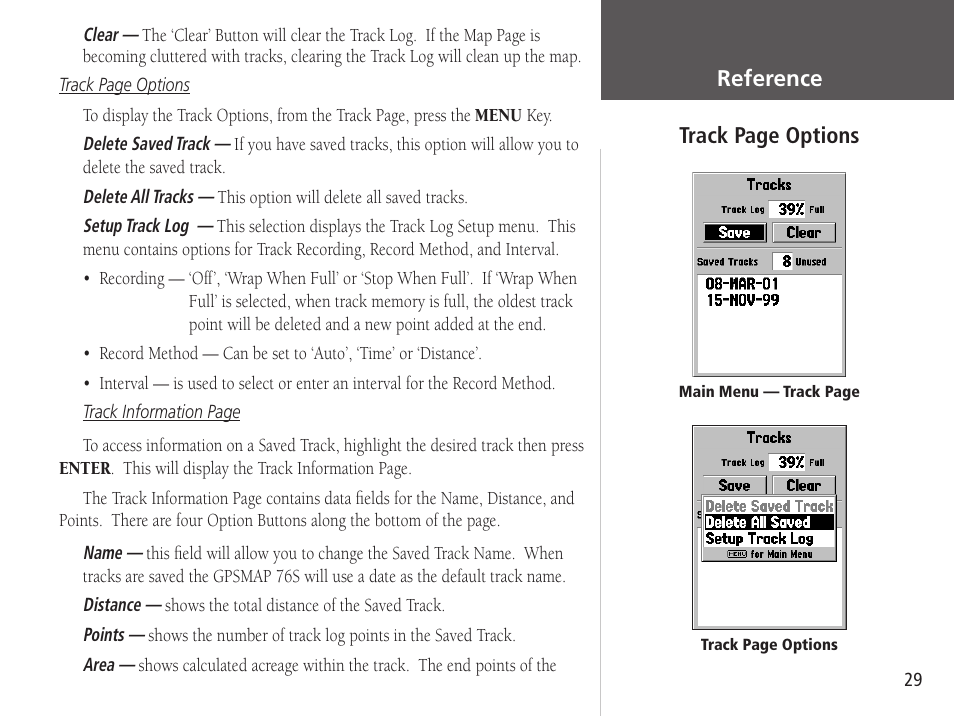 Getting started reference track page options | Garmin GPSMAP 76S User Manual | Page 31 / 76