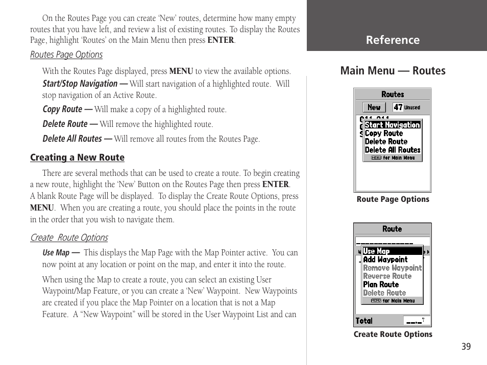 Getting started reference main menu — routes | Garmin GPSMAP 76S User Manual | Page 41 / 76