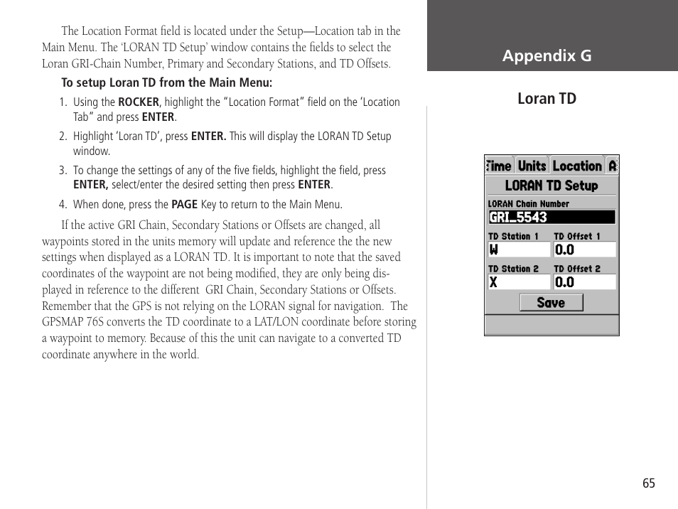 Getting started appendix g loran td | Garmin GPSMAP 76S User Manual | Page 67 / 76